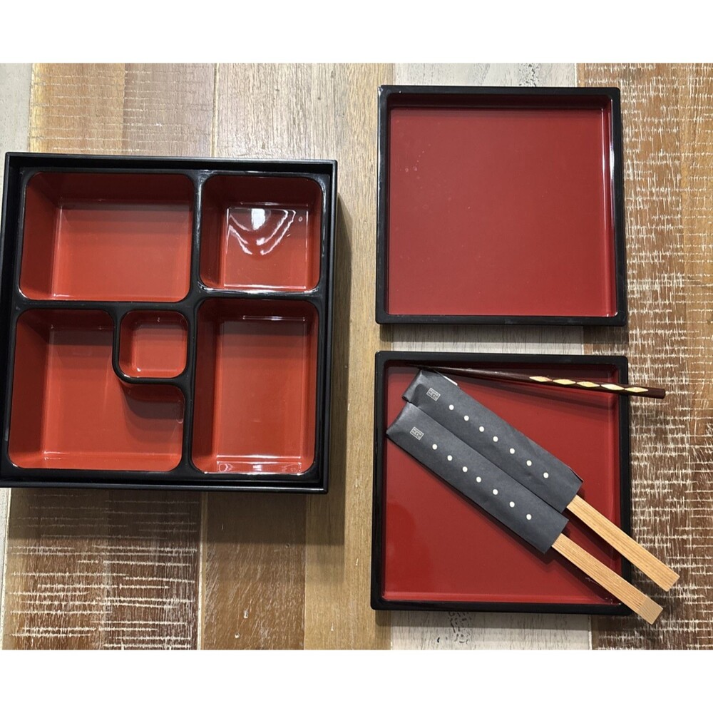 Kotobuki Japanese Bento Box Tray Plastic Red Black Sushi Serving Platter & Trays